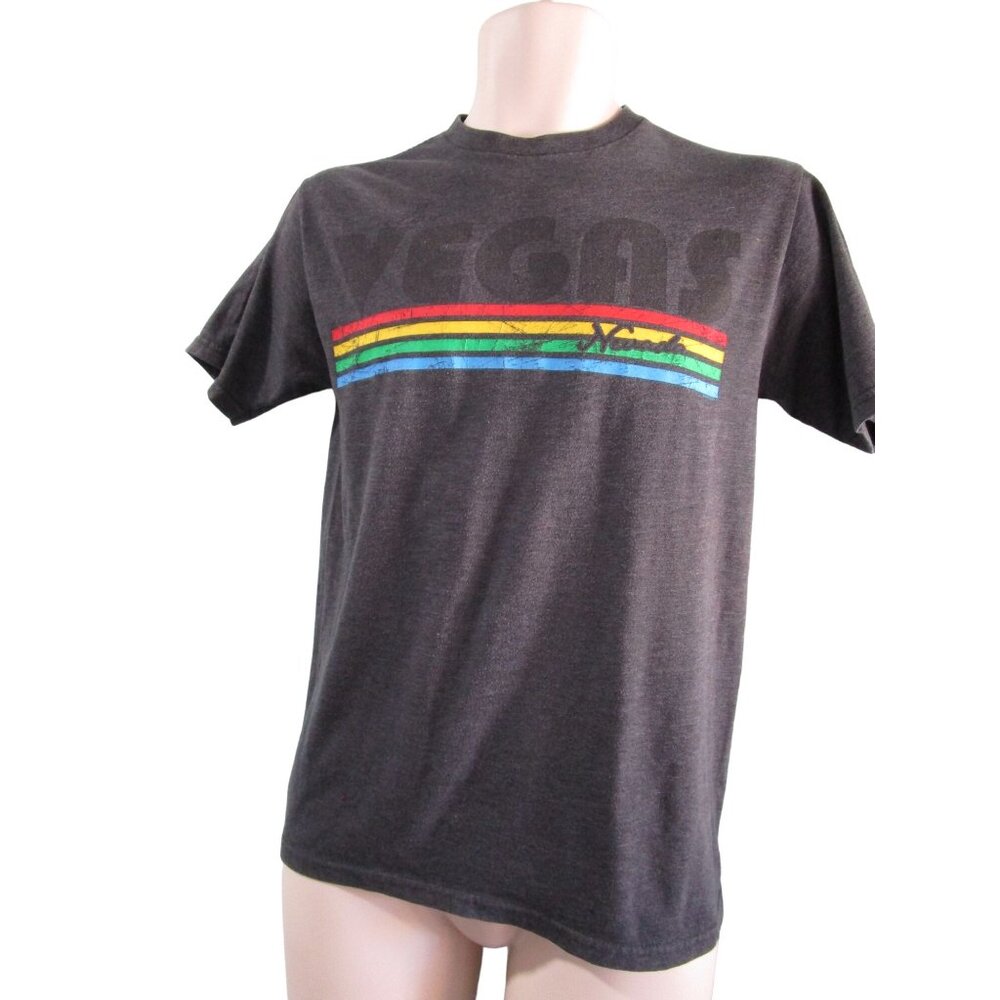Rainbow Stripe Vintage Vegas Charcoal T Shirt Unisex Small Distressed GUC - Picture 8 of 12